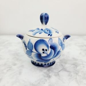Vintage Russian Handmade Blue and White Floral Ceramic Sugar Bowl Trinket Box